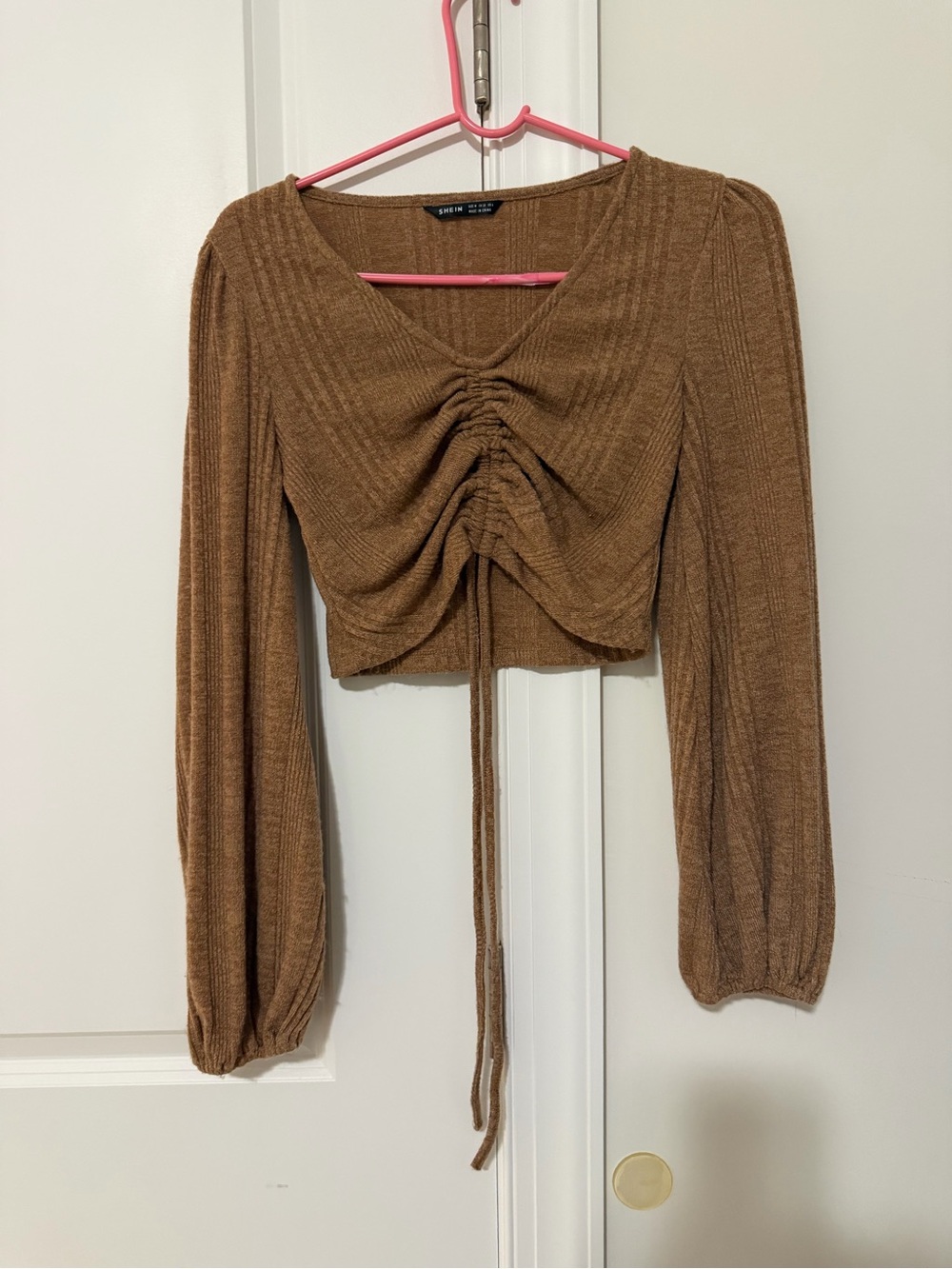 SHEIN Brown Ruched Drawstring Long-Sleeve Crop Top